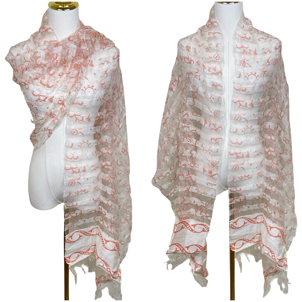 Laila Rowe Silk Scarf Women Peach White Sun Floral Sheer Wrap Boho Lagenlook
